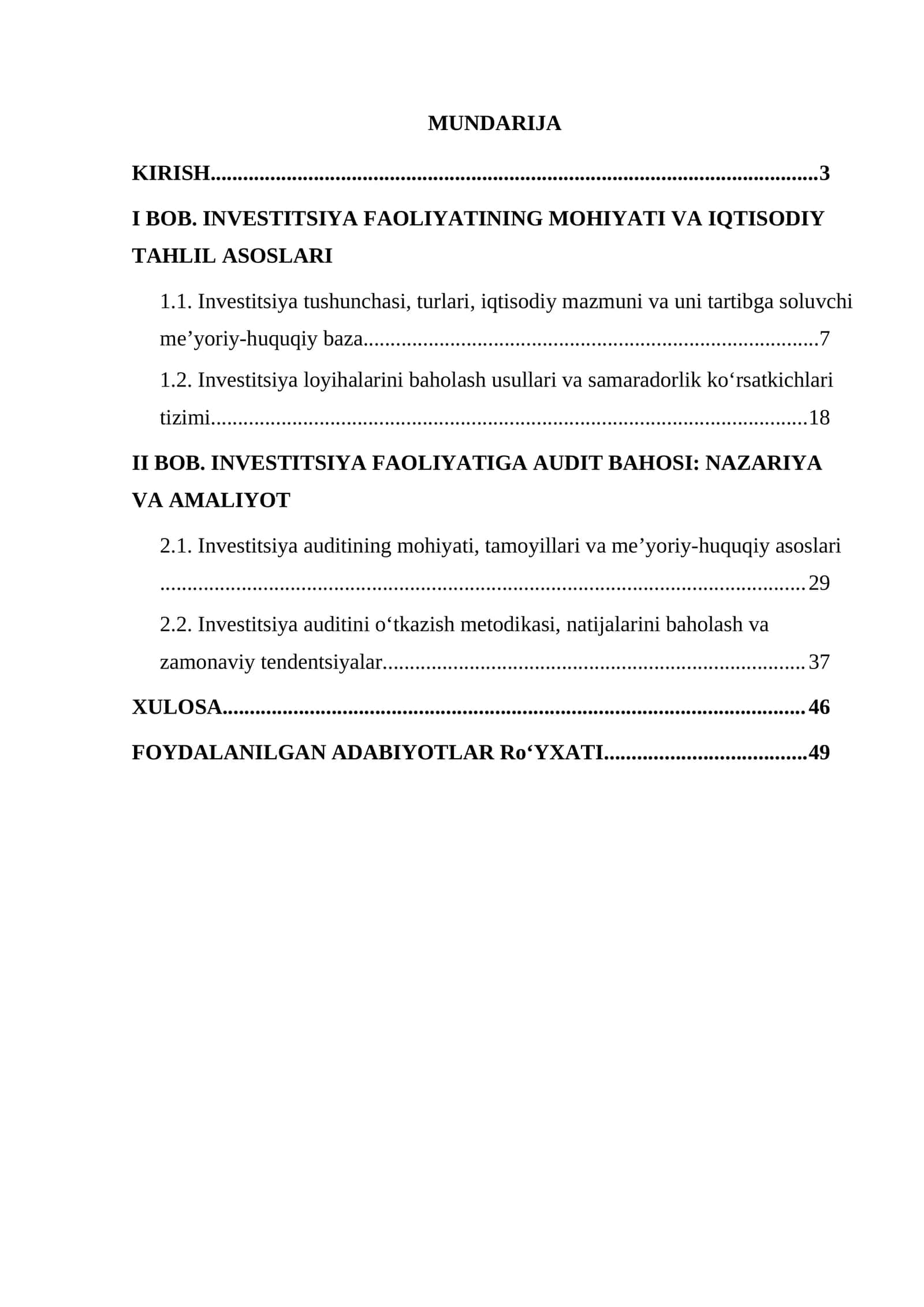 Investitsiya faoliyatining iqtisodiy tahlili va auditini tashkil etish hamda baholash