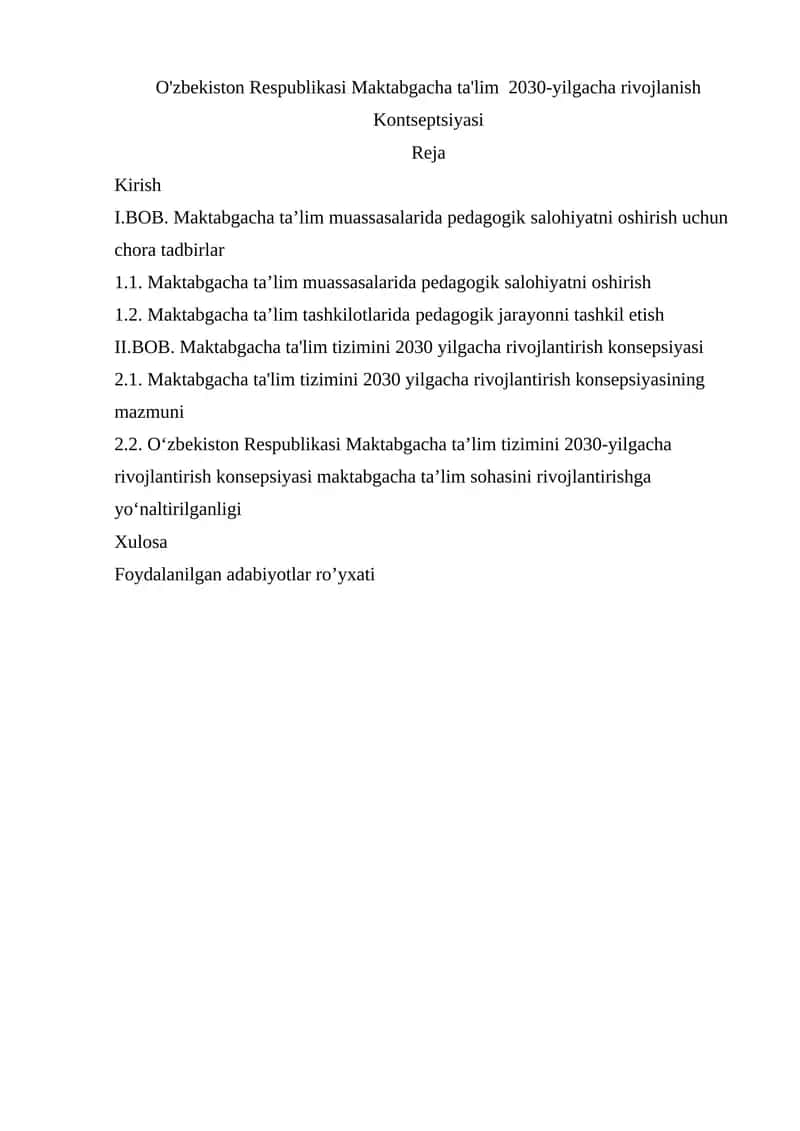 O'zbekiston Respublikasi Maktabgacha ta'lim 2030-yilgacha rivojlanish Kontseptsiyasi