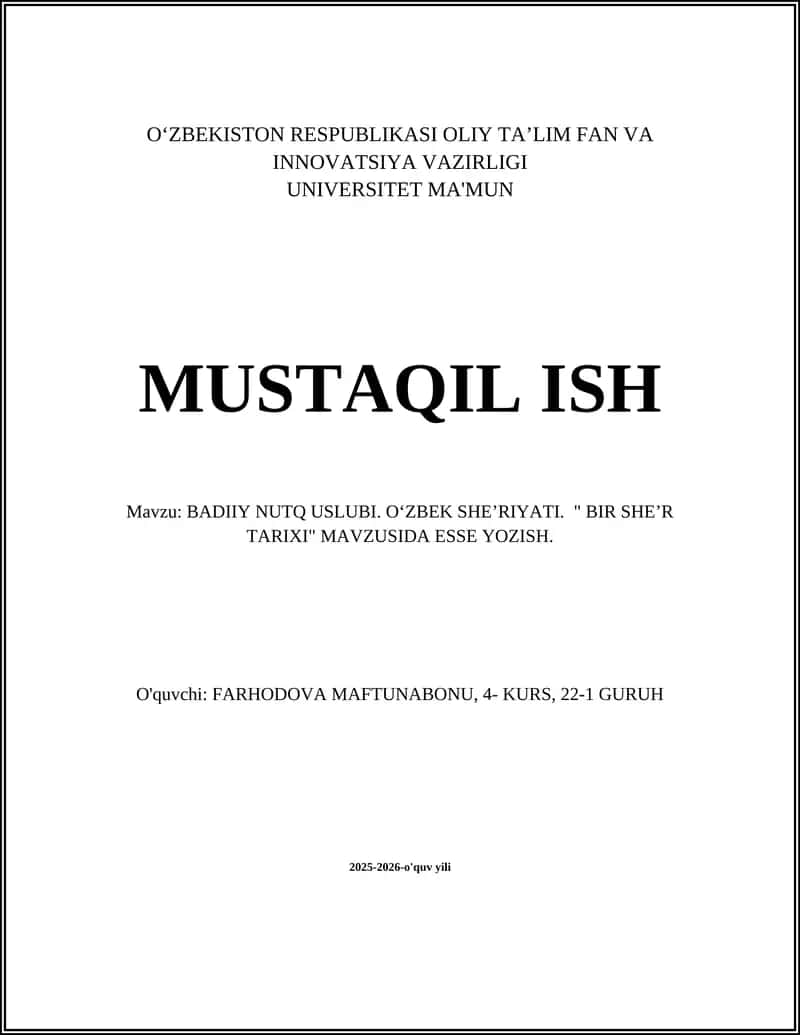 BADIY NUTQ USLUBI. OʻZBEK SHEʼRIYATI. " BIR SHEʼR TARIXI" MAVZUSIDA ESSE YOZISH