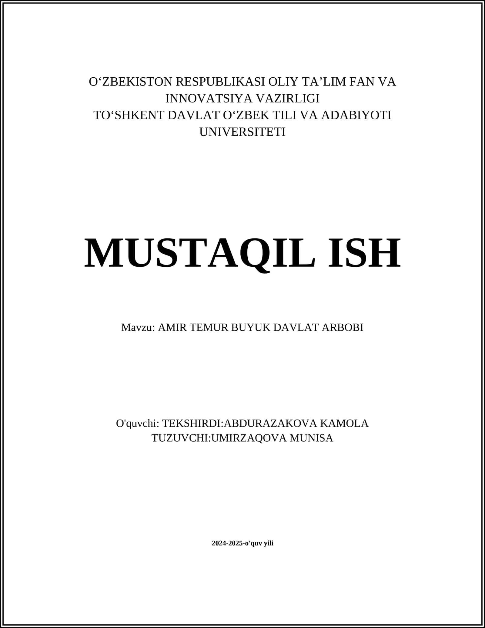 AMIR TEMUR BUYUK DAVLAT ARBOBI