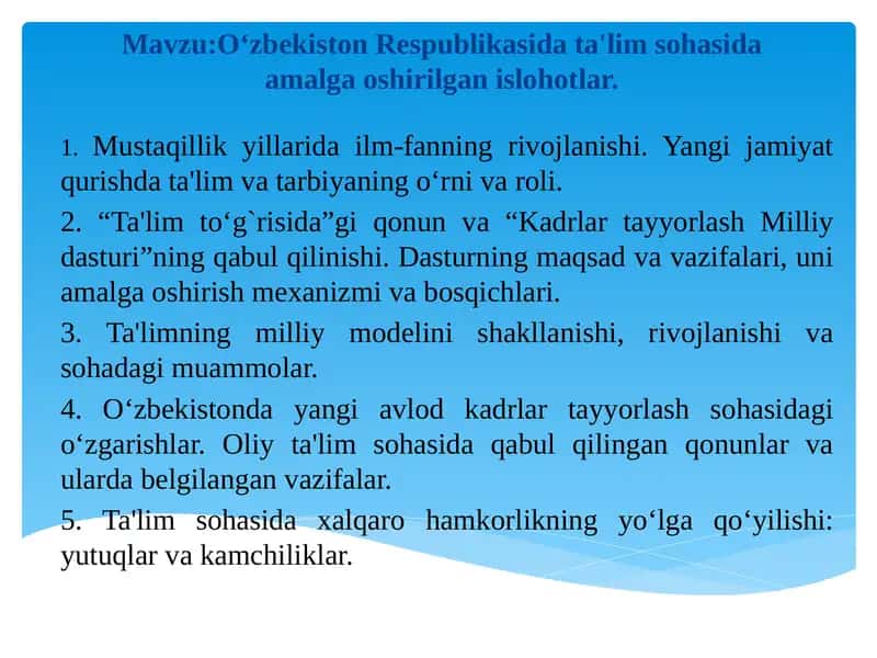 O‘zbеkistonRеspublikasida ta'lim sohasida amalga oshirilgan islohotlar
