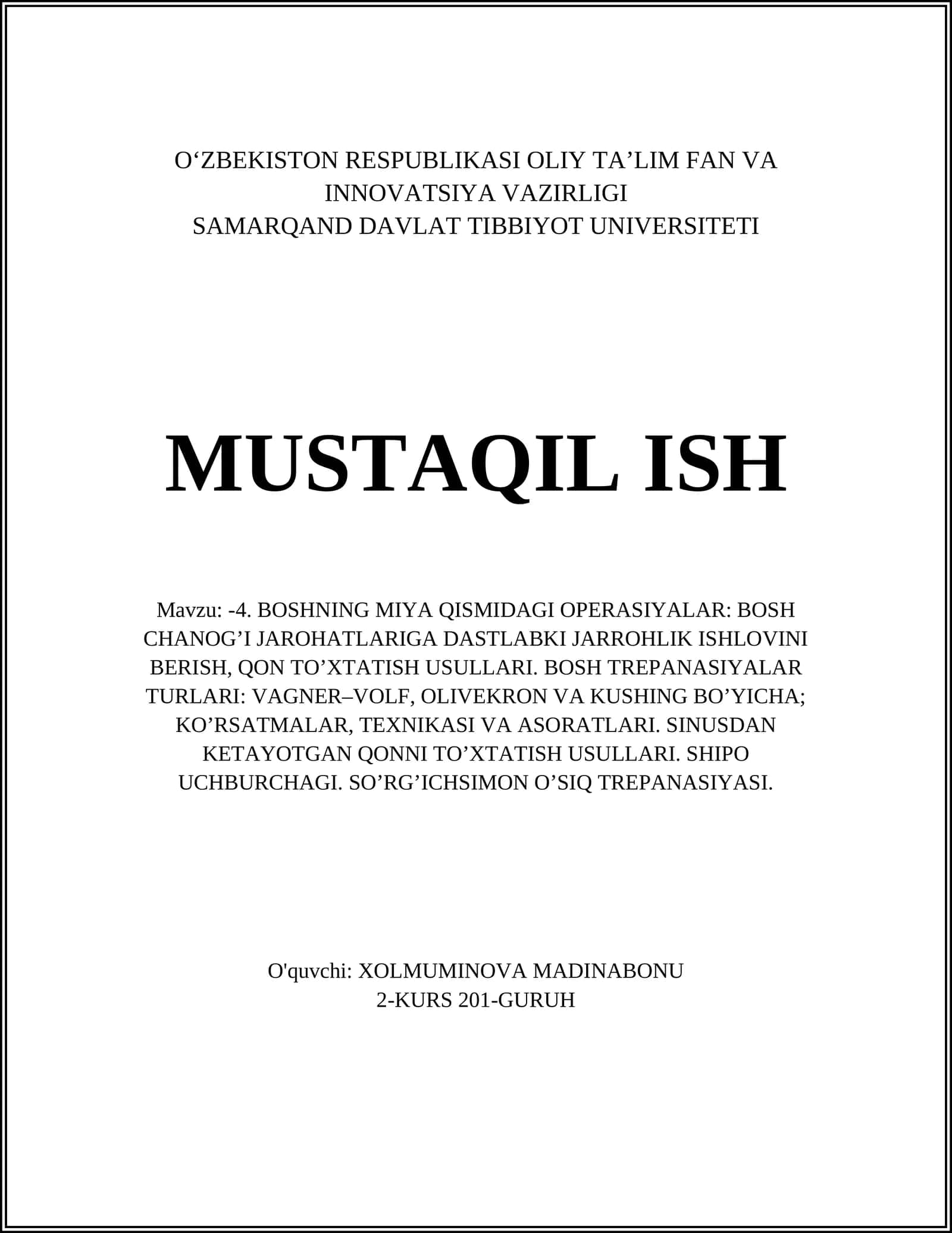 Boshning miya qismidagi operatsiyalar: Bosh chanog’i jarohatlariga dastlabki jarrohlik ishlarini berish