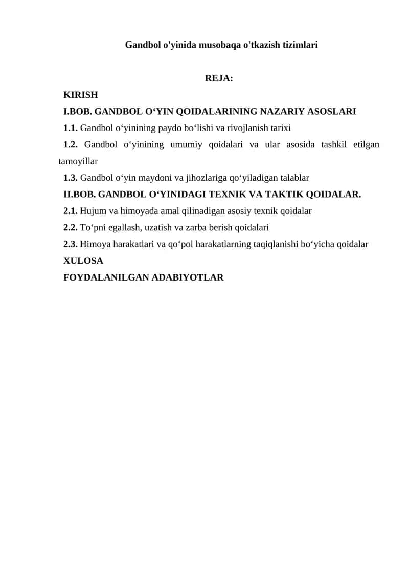 Gandbol o'yinida musobaqa o'tkazish tizimlari