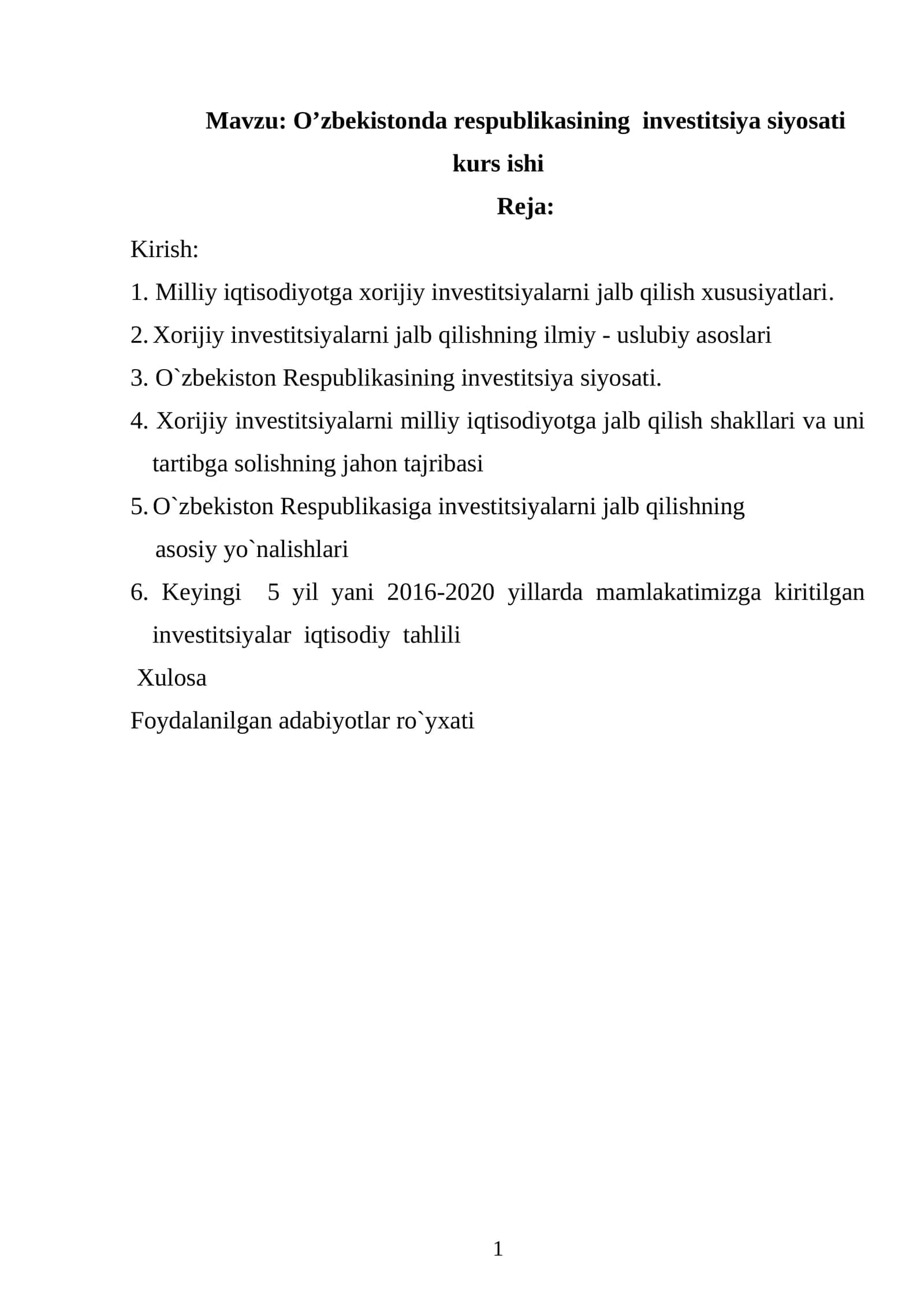 O’zbekistonda respublikasining investitsiya siyosati kurs ishi