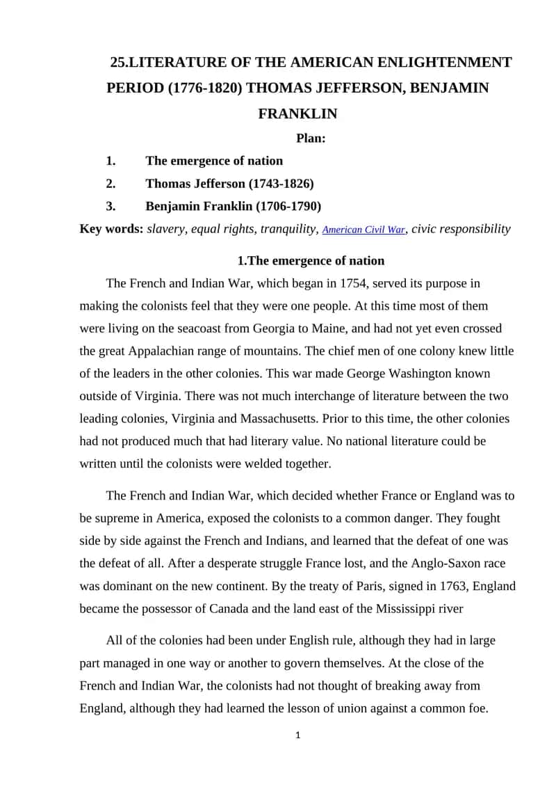 Literature of the American Enlightenment Period (1776-1820)