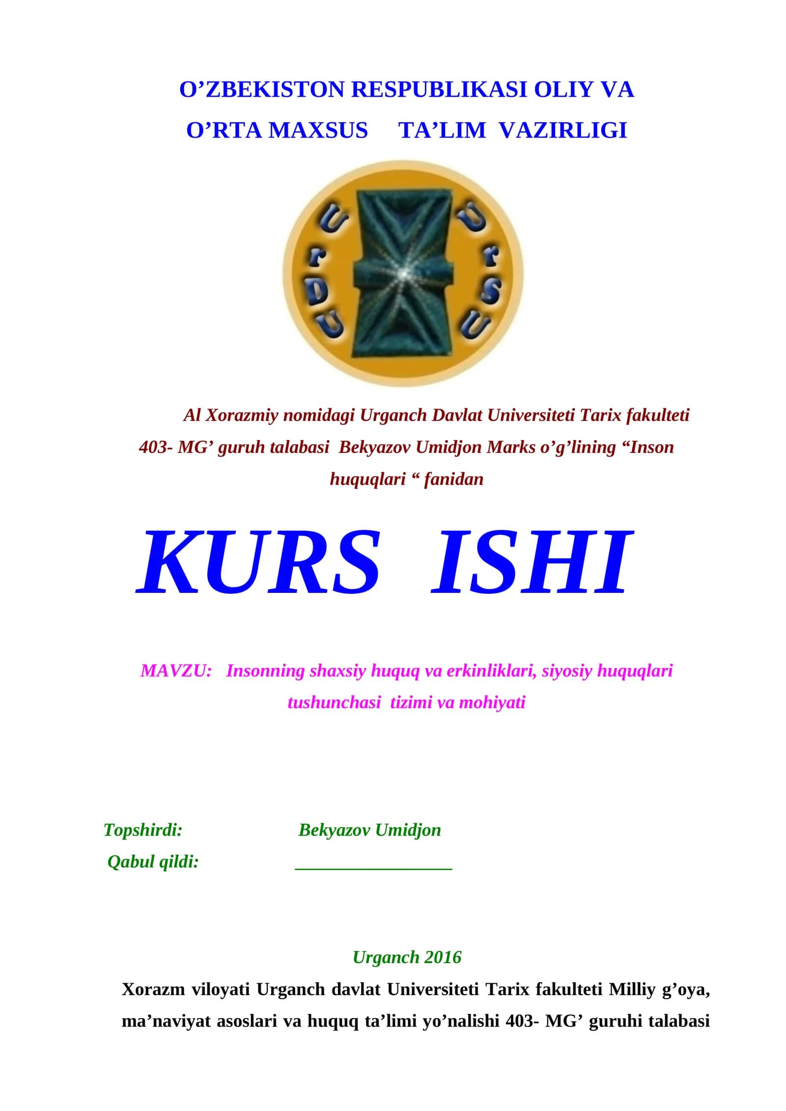 Inson huquqlari fanidan KURS ISHI