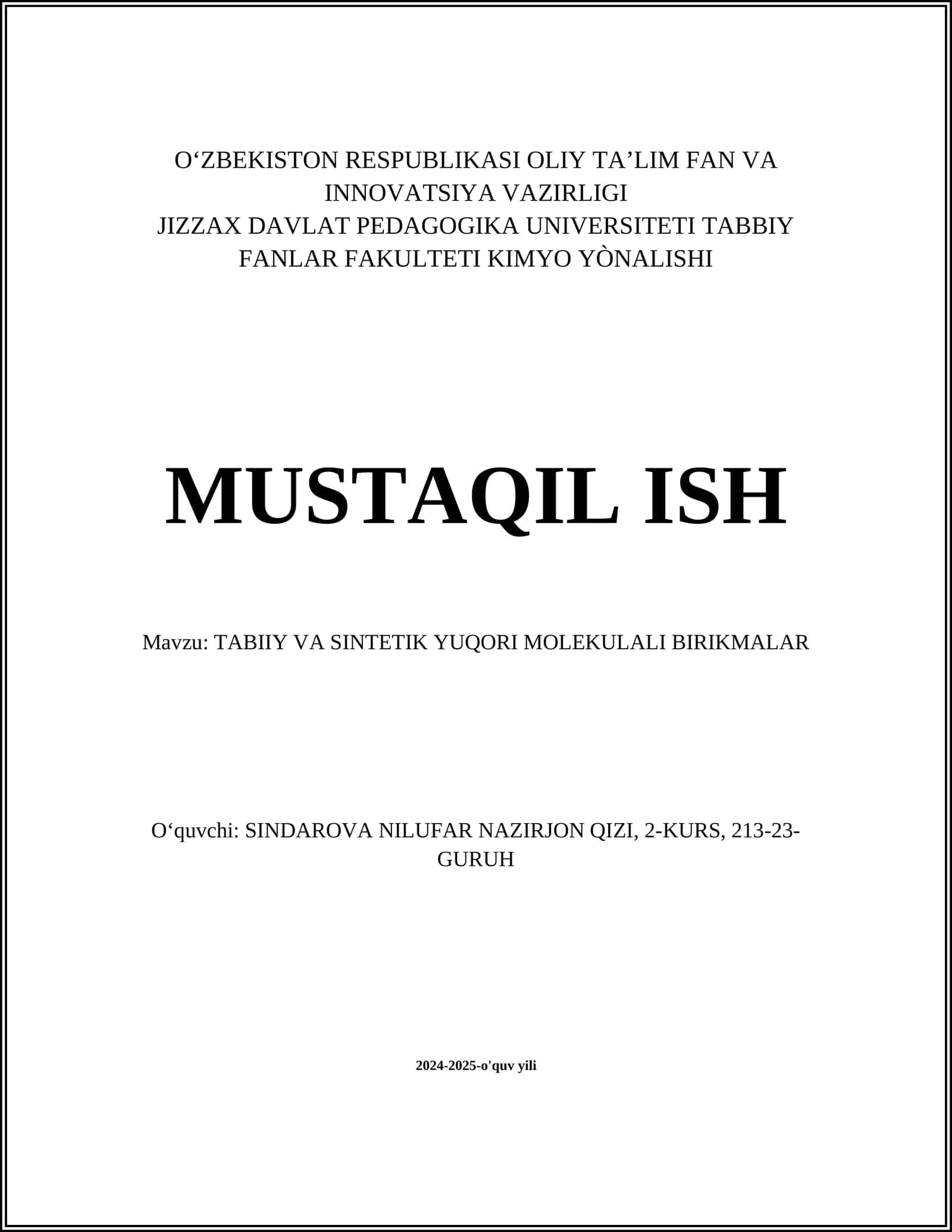 TABIIY VA SINTETIK YUQORI MOLEKULALI BIRIKMALAR