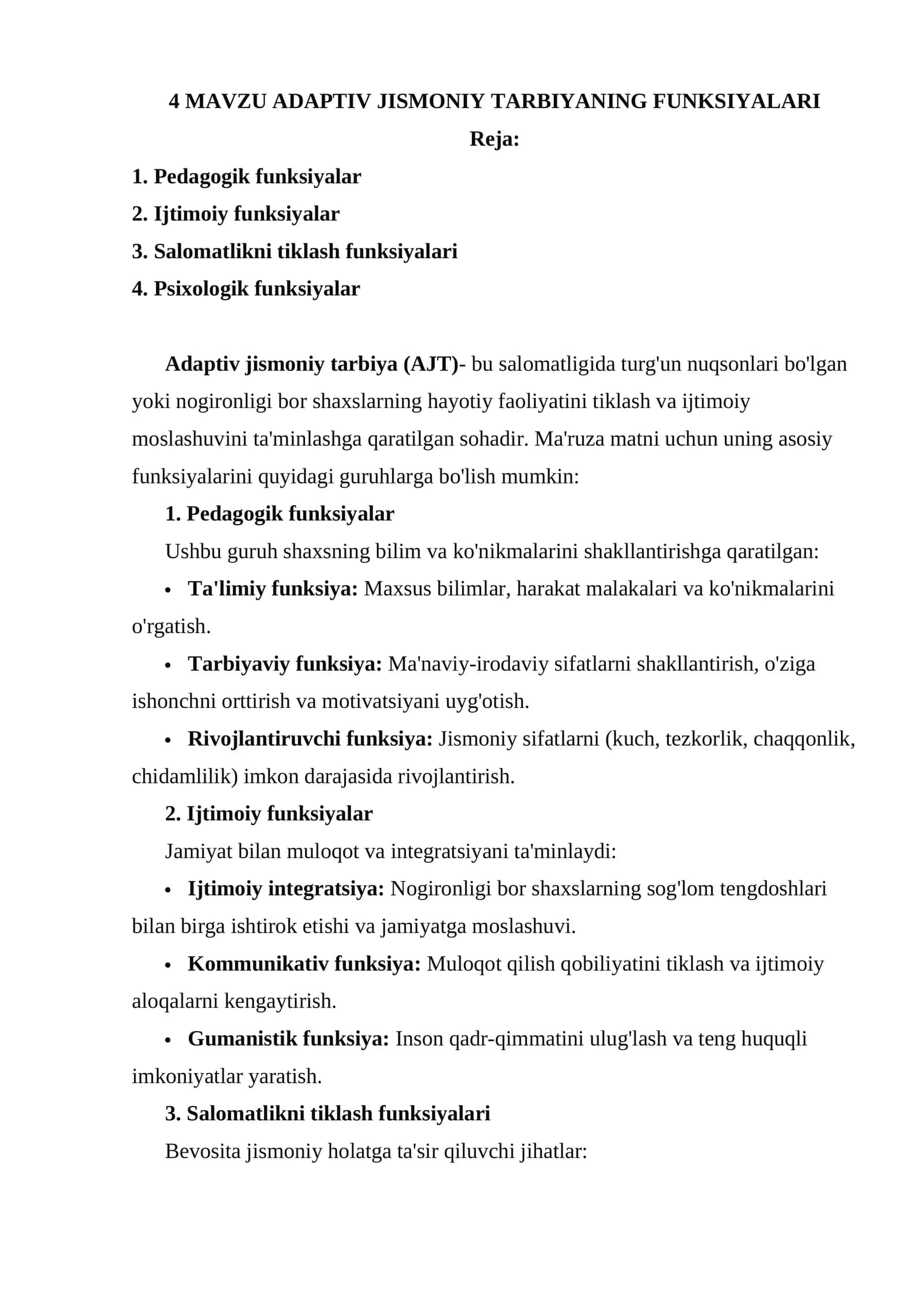 ADAPTIV JISMONIY TARBIYANING FUNKSIYALARI