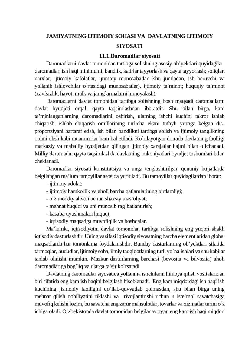 JAMIYATNING IJTIMOIY SOHASI VA DAVLATNING IJTIMOIY SIYOSATI