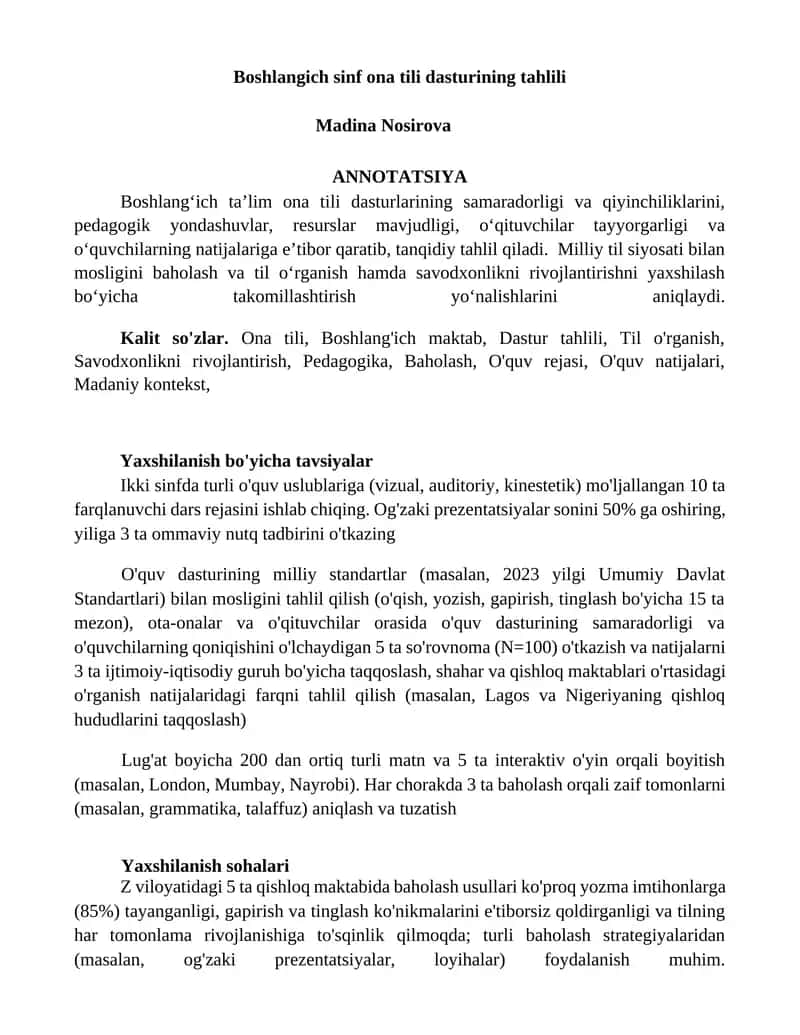 Boshlangich sinf ona tili dasturining tahlili