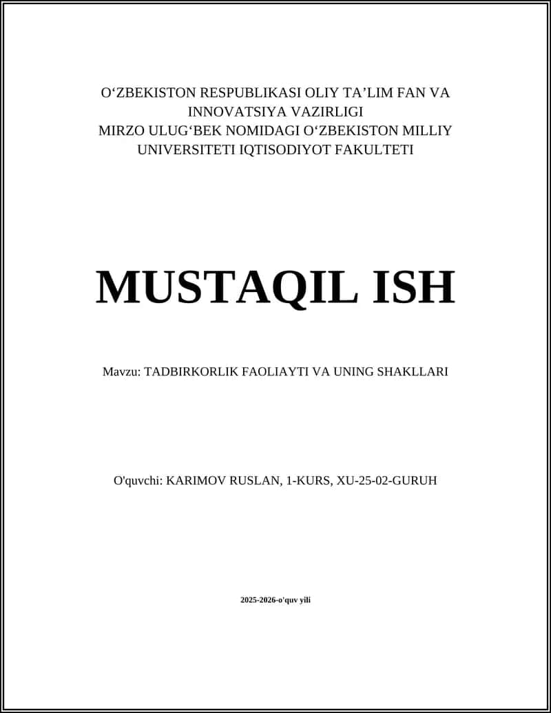 Tadbirkorlik Faoliyati va Uning Shakllari