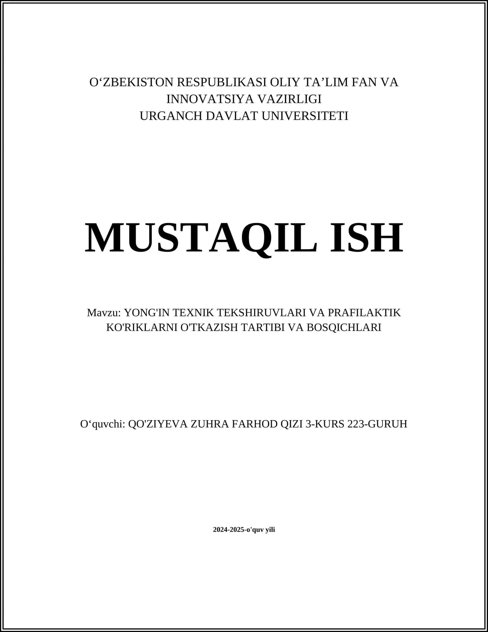 YONG'IN TEXNIK TEKSHIRUVLARI VA PRAFILAKTIK KO'RIKLARNI O'TKAZISH TARTIBI VA BOSQICHLARI