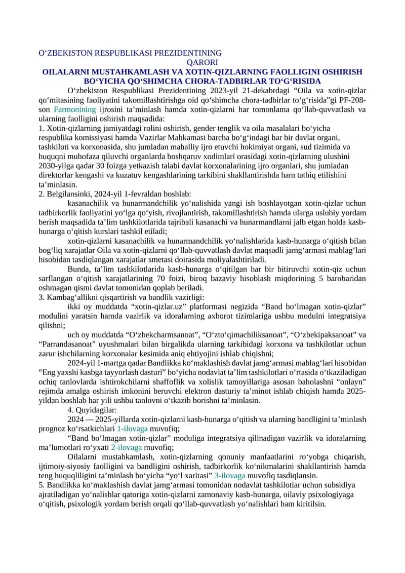 OILALARNI MUSTAHKAMLASH VA XOTIN-QIZLARNING FAOLLIGINI OSHIRISH BO‘YICHA QO‘SHIMCHA CHORA-TADBIRLAR TO‘G‘RISIDA