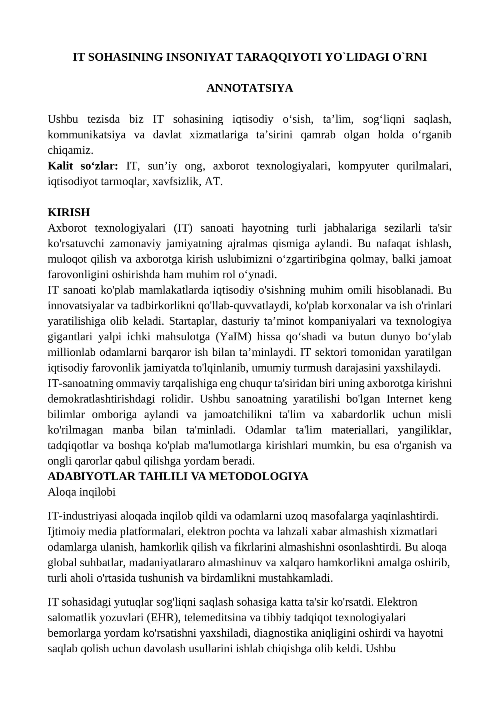 IT SOHASINING INSONIYAT TARAQQIYOTI YO`LIDAGI O`RNI
