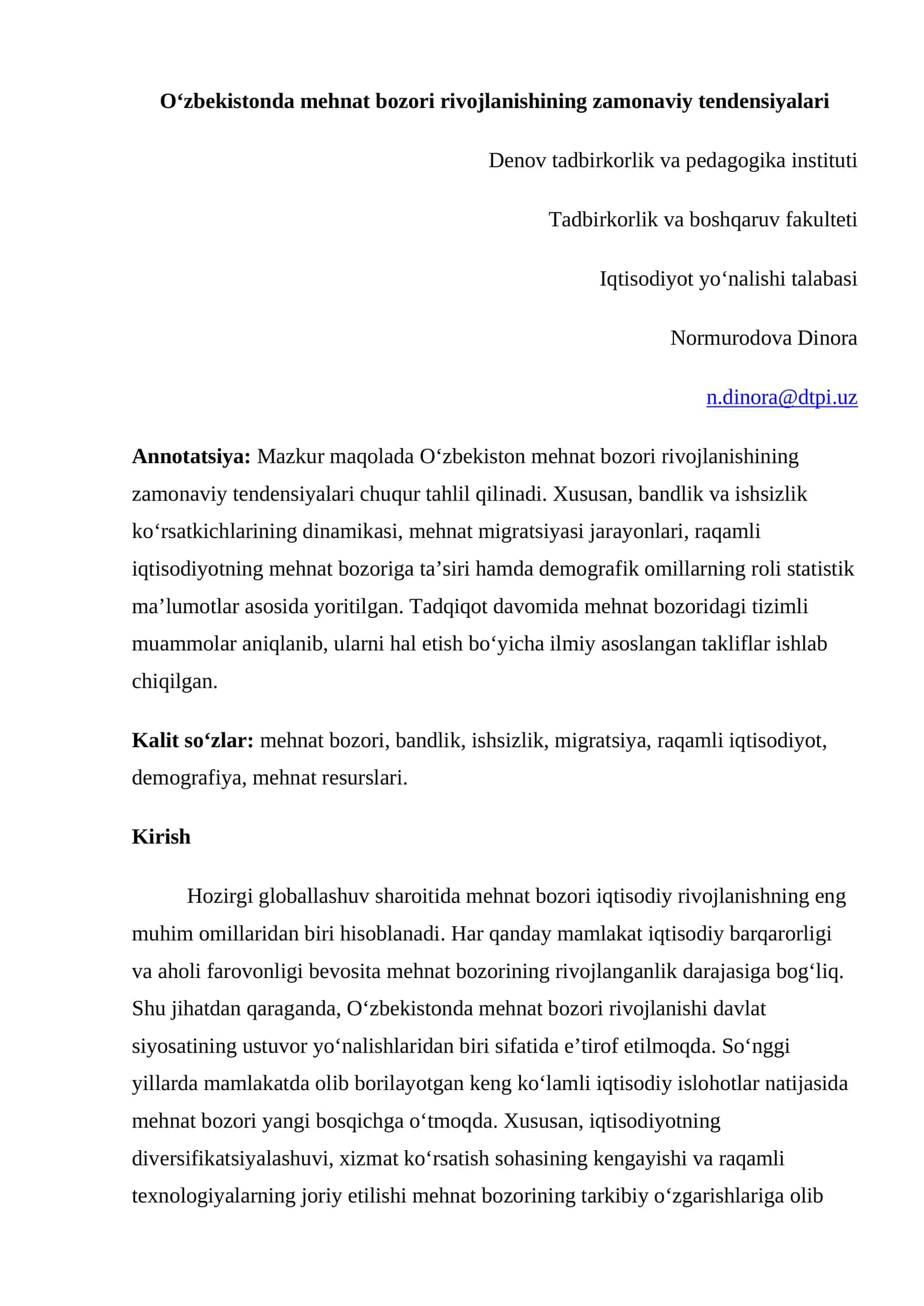 O‘zbekistonda mehnat bozori rivojlanishining zamonaviy tendensiyalari