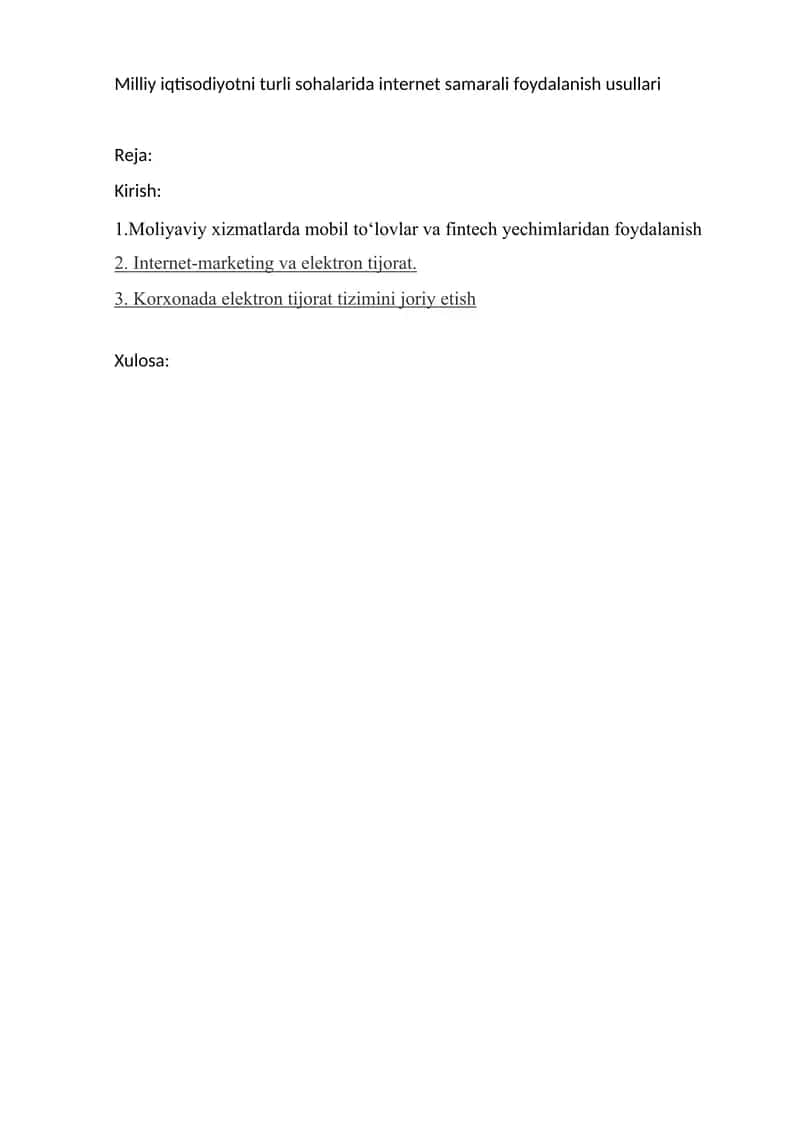 Milliy iqtisodiyotning turli sohalarida internet samarali foydalanish yo’llari