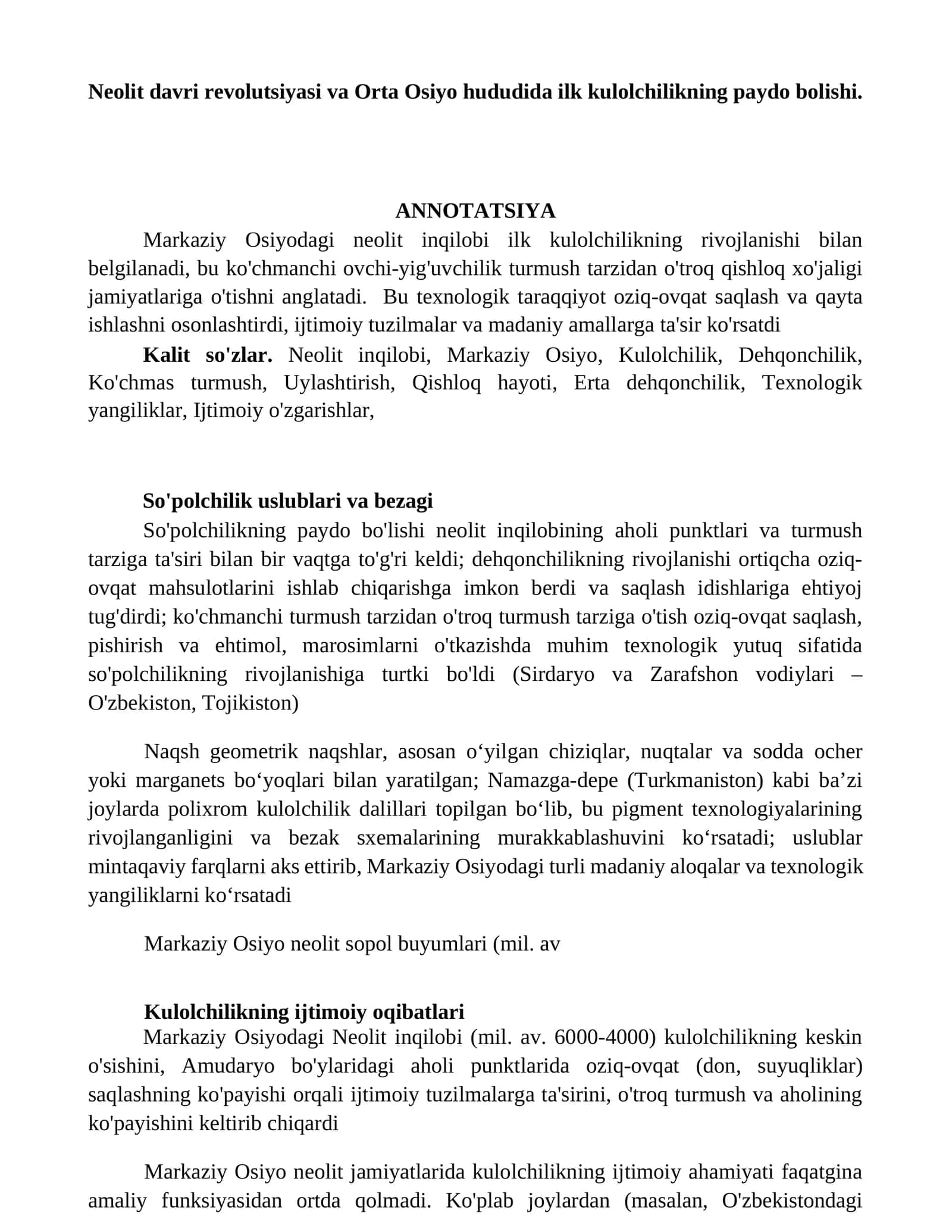Neolit davri revolutsiyasi va Orta Osiyo hududida ilk kulolchilikning paydo bolishi