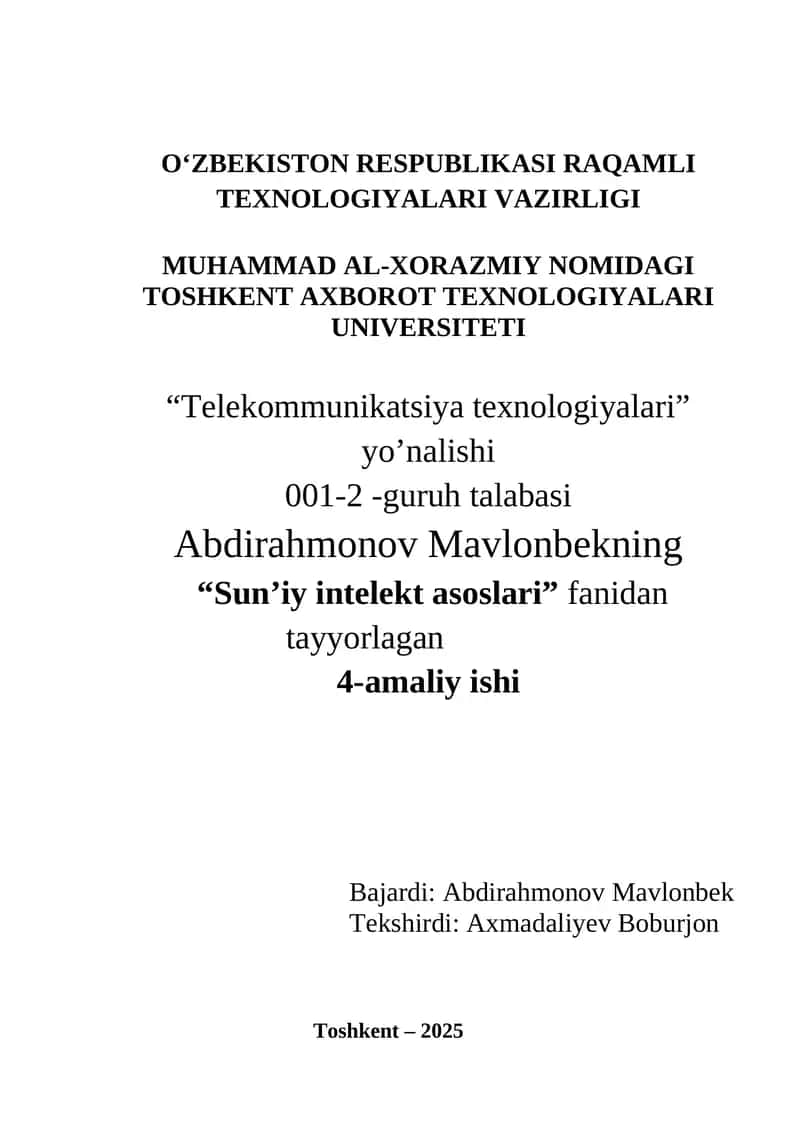 Neyron tarmoq asosida regressiya masalalarini yechish modelini ishlab chiqish