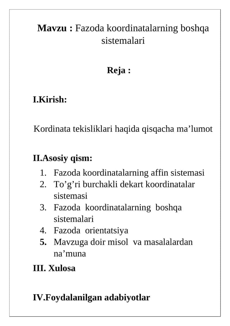 Fazoda koordinatalarning boshqa sistemalari
