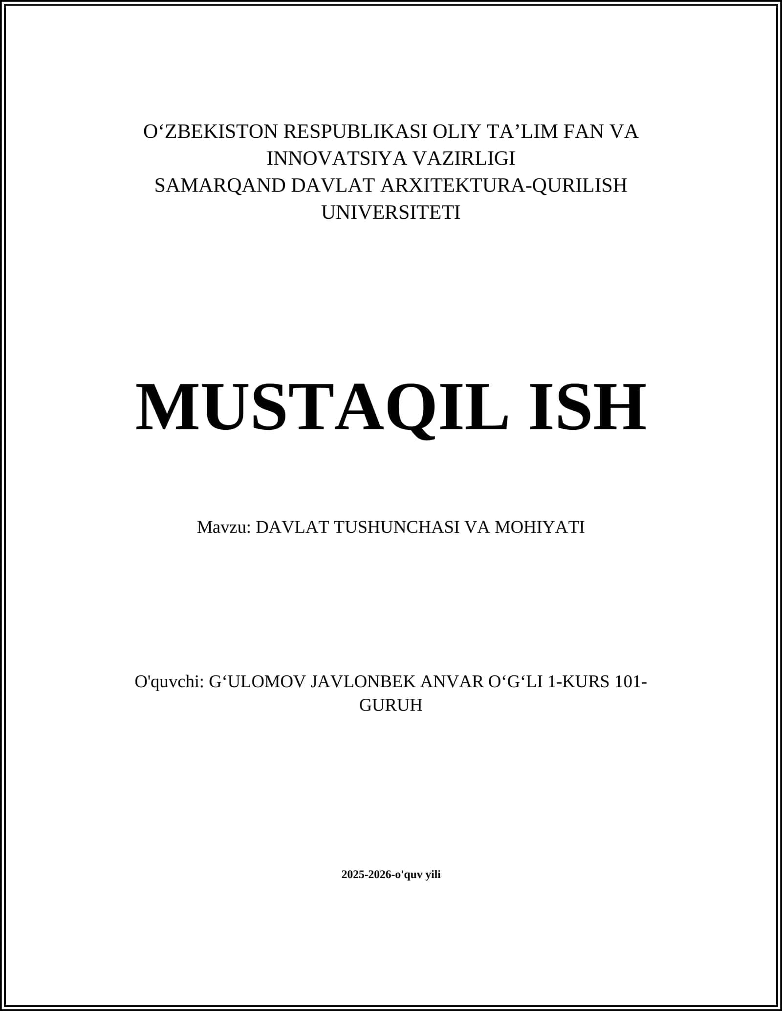 DAVLAT TUSHUNCHASI VA MOHIYATI