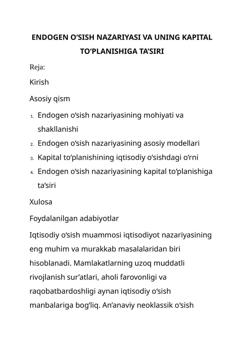 Endogen O‘SISH NAZARIYASI VA UNING KAPITAL TO‘PLANISHIGA TA’SIRI