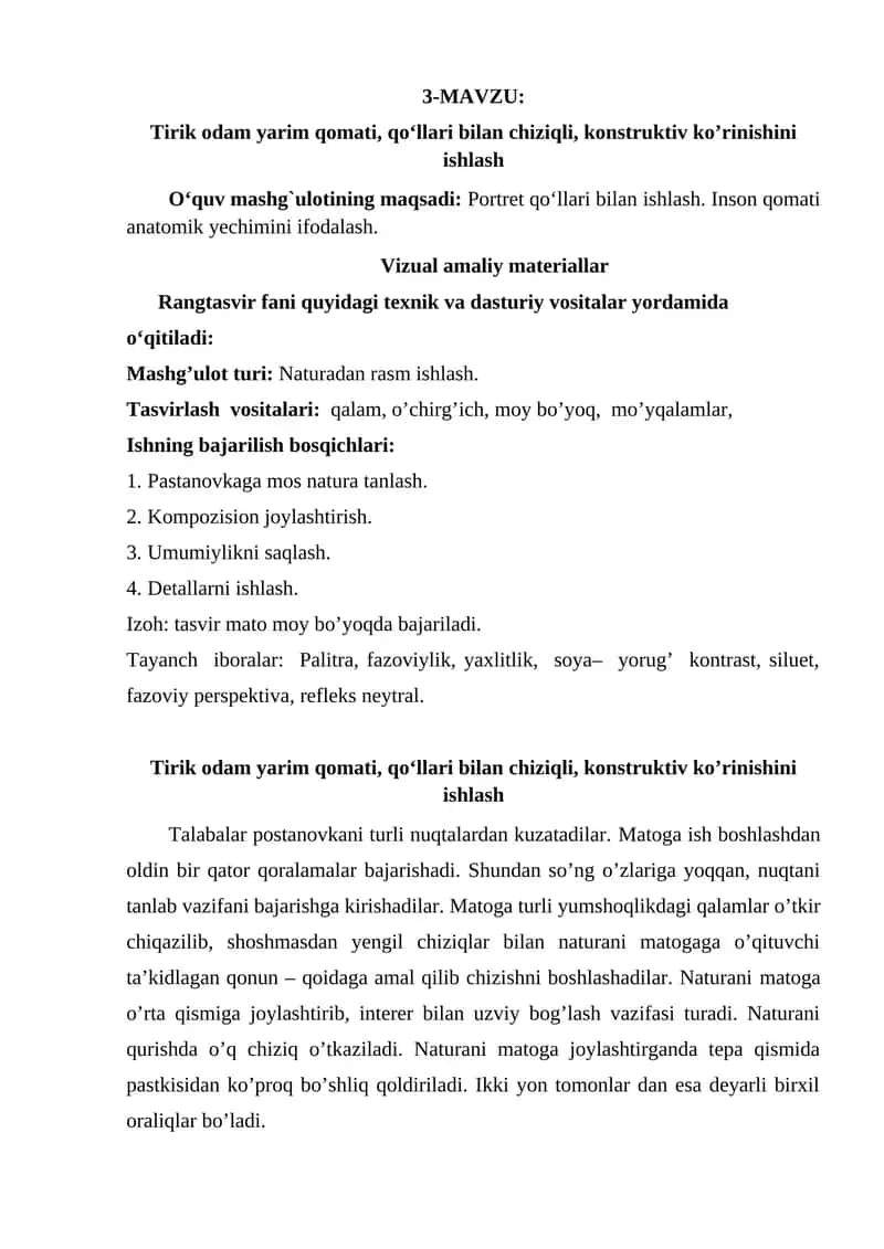 Tirik odam yarim qomati, qo‘llari bilan chiziqli, konstruktiv ko’rinishini ishlash