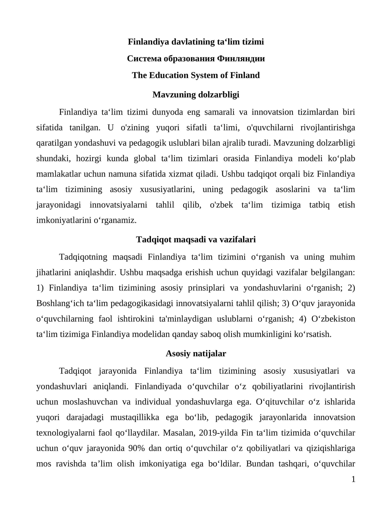 Finlandiya davlatining ta‘lim tizimi
