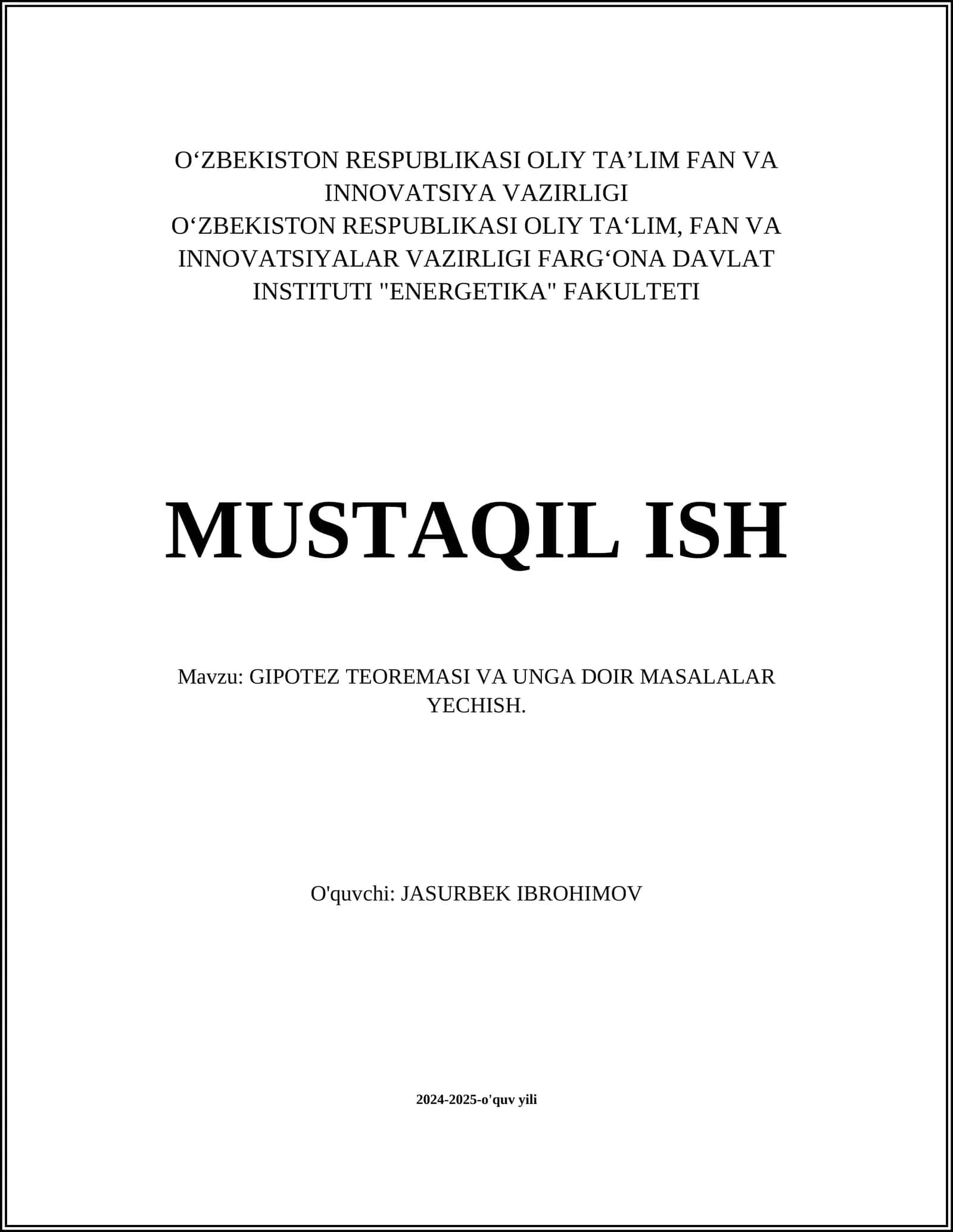 GIPOTEZ TEOREMASI VA UNGA DOIR MASALALAR YECHISH
