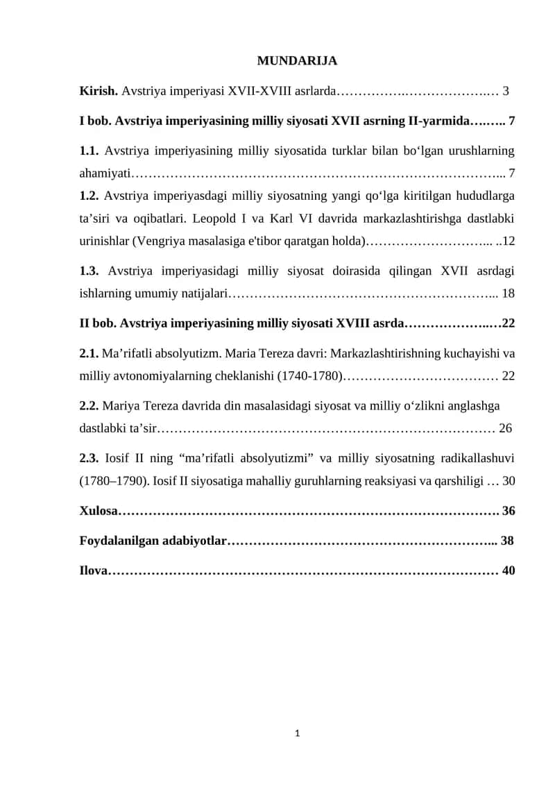 Kurs ishi. Avstriya imperiyasida milliy siyosat(XVII asr 2-yarmi XVIII asr)