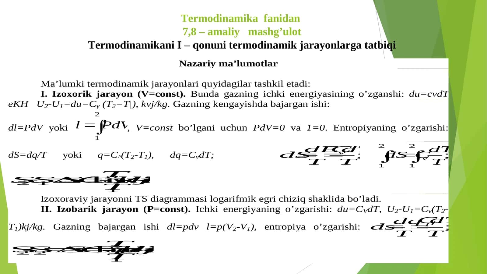 Termodinamika fanidan7,8 – amaliy mashg’ulot