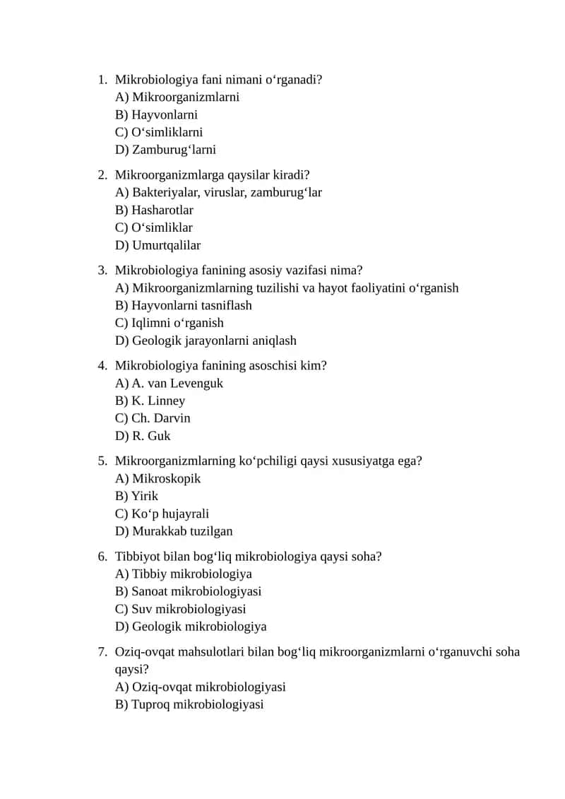 Mikrobiologiya va virusologiya test JAVOBSIZ 2025