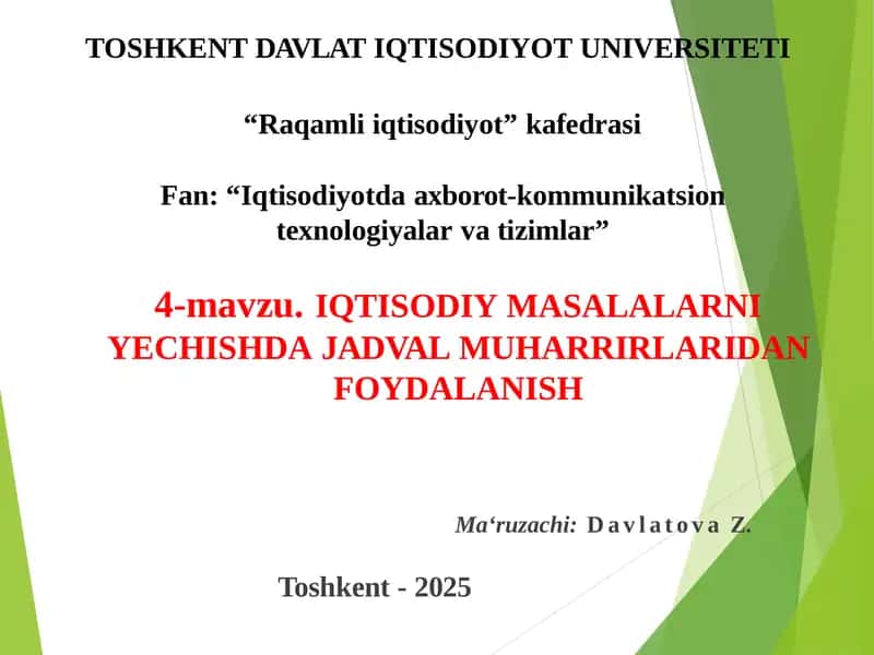 IQTISODIYMASALALARNIYECHISHDAJADVALMUHARRIRLARIDAN FOYDALANISH
