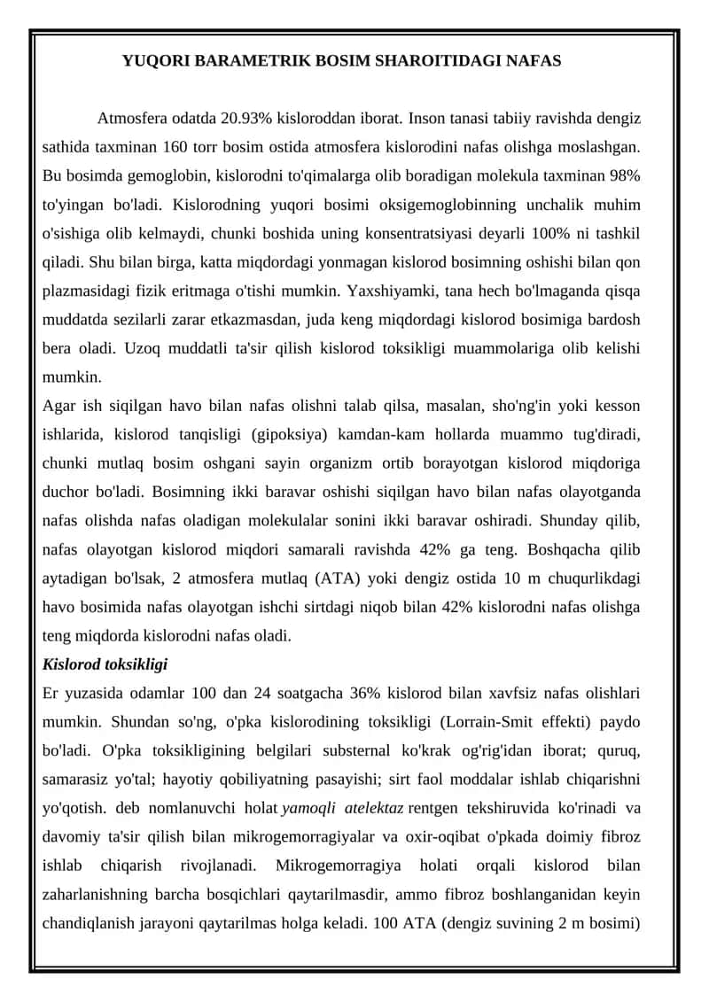 YUQORI BARAMETRIK BOSIM SHAROITIDAGI NAFAS