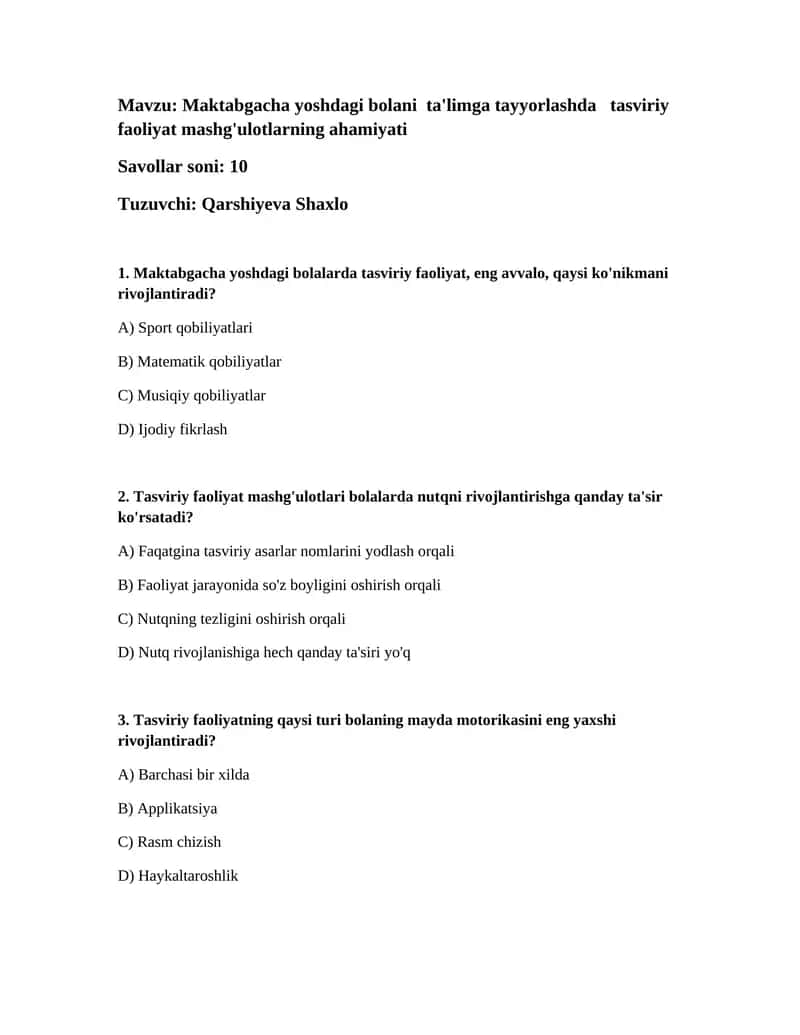 Maktabgacha yoshdagi bolani ta'limga tayyorlashda tasviriy faoliyat mashg'ulotlarning ahamiyati