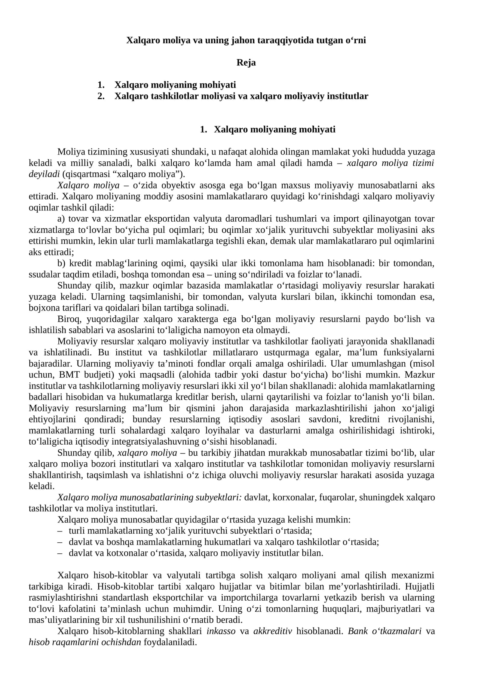 Xalqaro moliya va uning jahon taraqqiyotida tutgan o‘rni