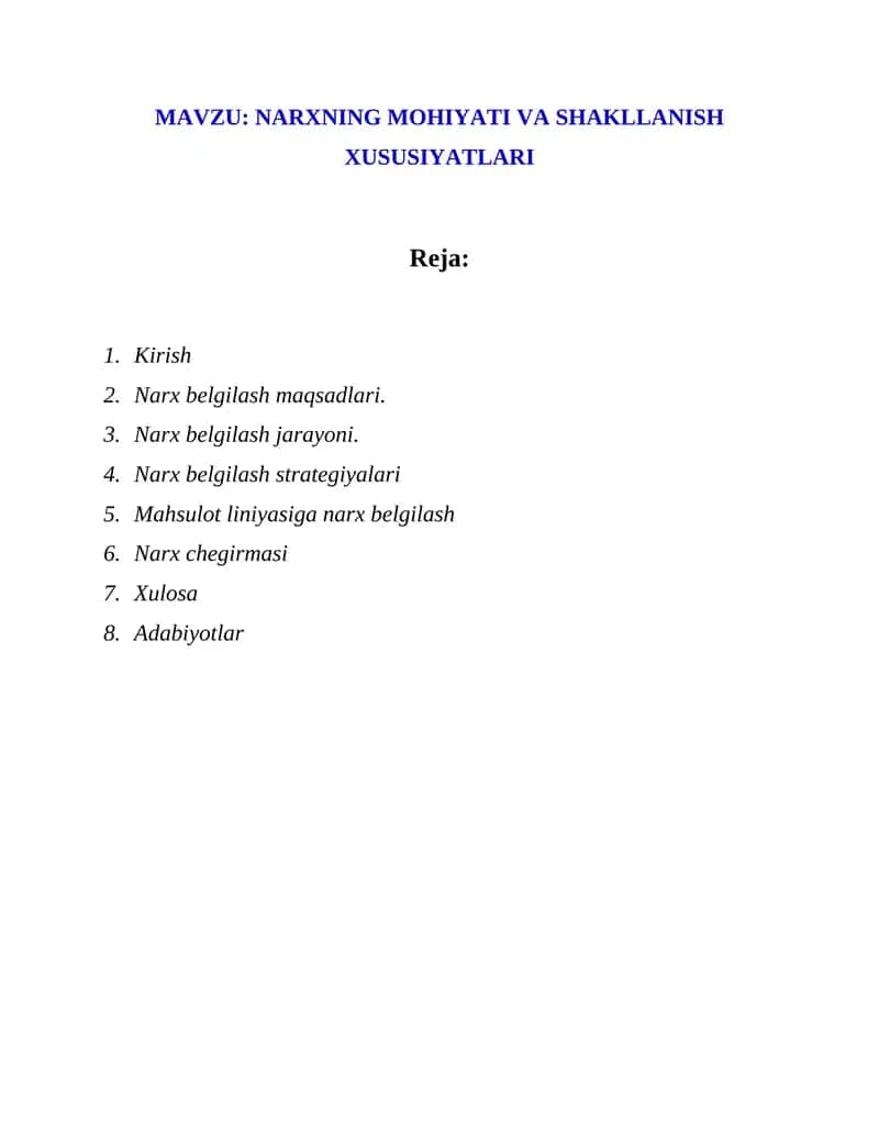 Narxning mohiyati va shakllanish xususiyatlari