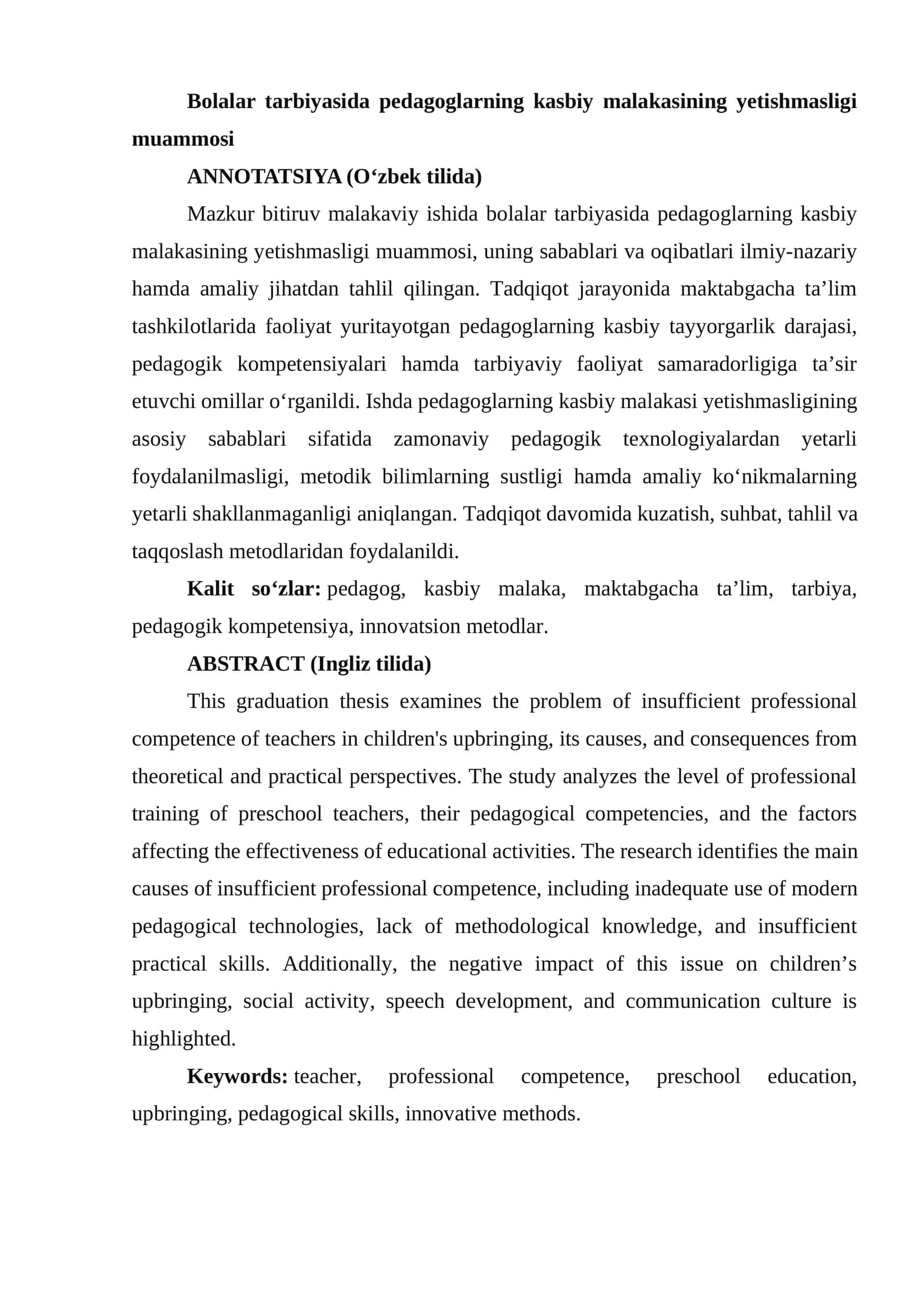 Bolalar tarbiyasida pedagoglarning kasbiy malakasining yetishmasligi muammosi