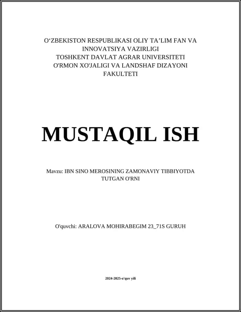 IBN SINO MEROSINING ZAMONAVIY TIBBIYOTDA TUTGAN O'RNI