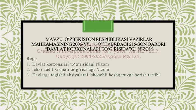 O‘zbekiston Respublikasi Vazirlar Mahkamasining 2006-yil 16-oktabrdagi 215-son qarori “Davlat korxonalari to‘g‘risida”gi Nizom