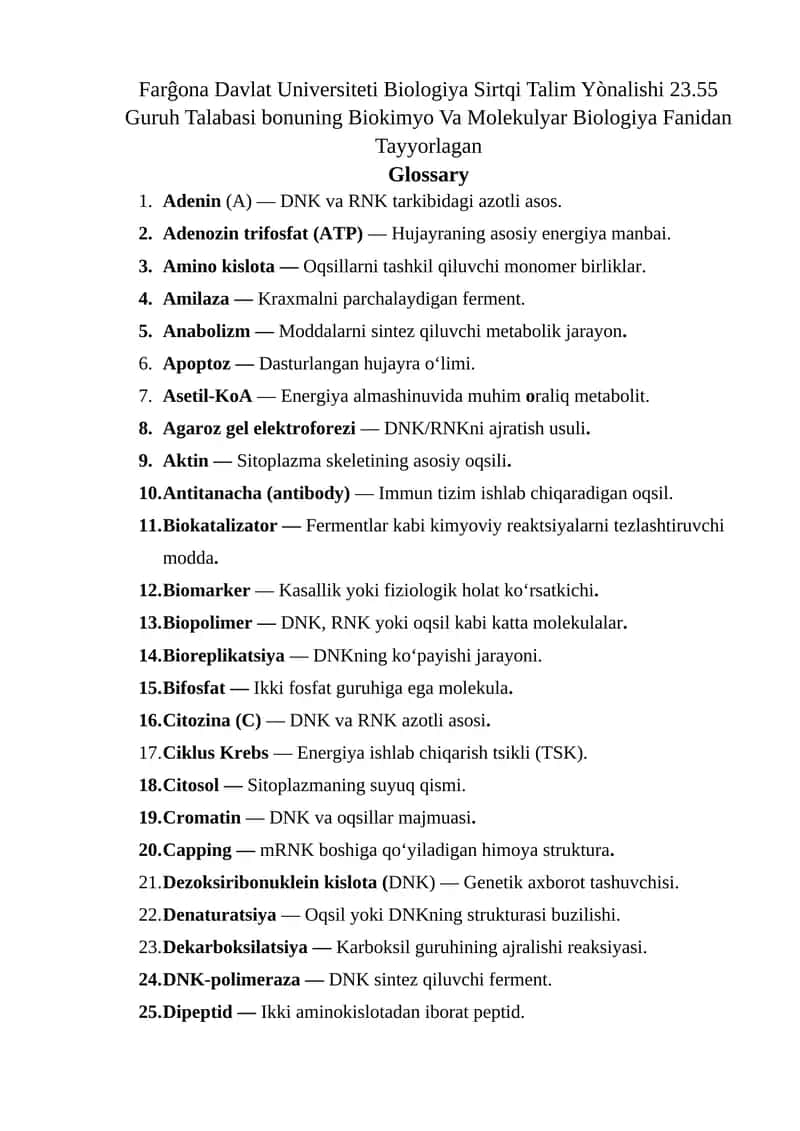Biokimyo Va Molekulyar Biologiya Fanidan Glossary