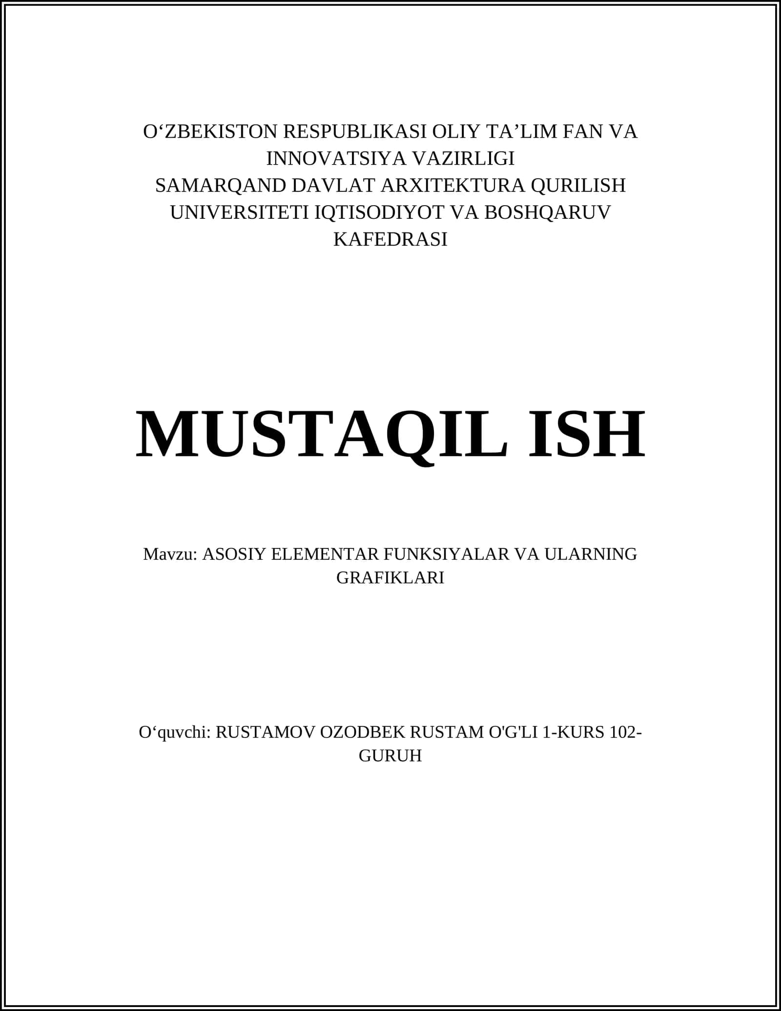 ASOSIY ELEMENTAR FUNKSIYALAR VA ULARNING GRAFIKLARI