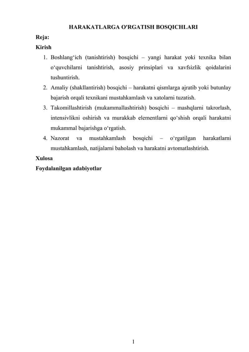 HARAKATLARGA O'RGATISH BOSQICHLARI