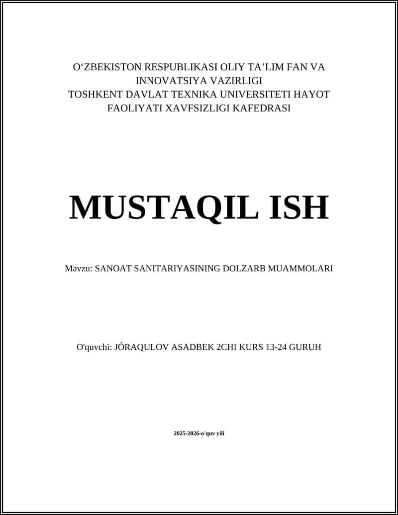 SANOAT SANITARIYASINING DOLZARB MUAMMOLARI