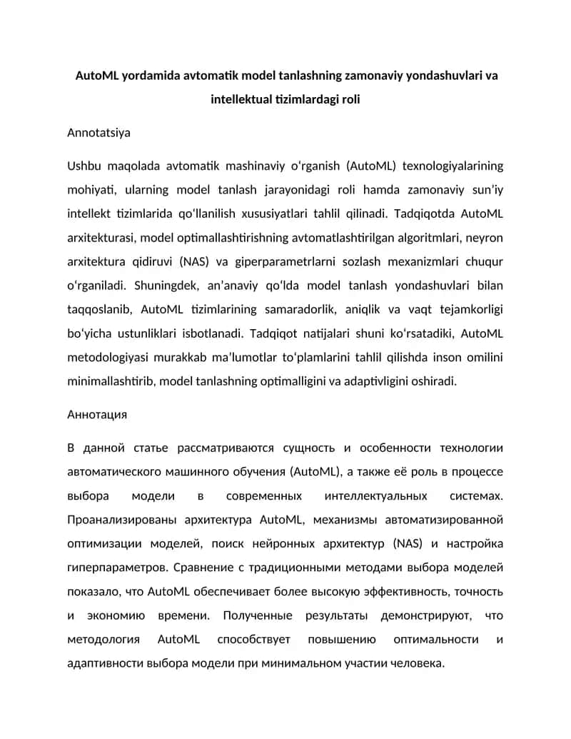 AutoML yordamida avtomatik model tanlashning zamonaviy yondashuvlari va intellektual tizimlardagi roli