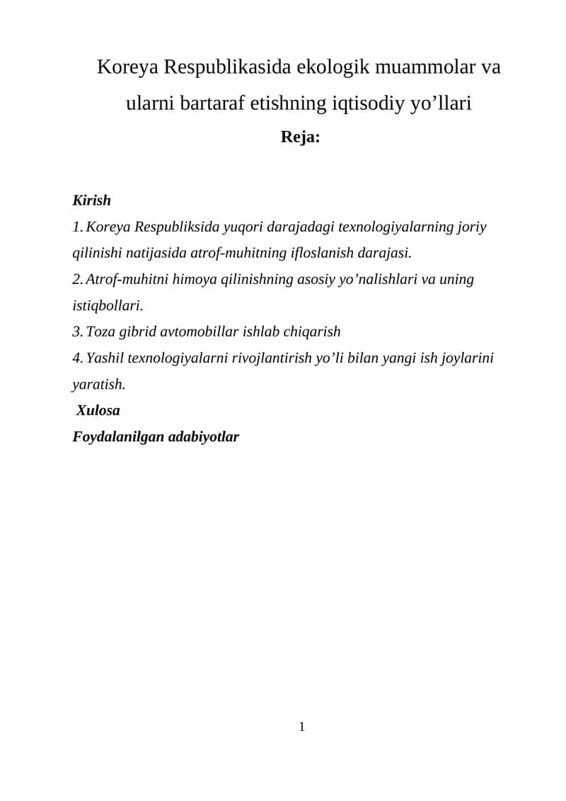 Koreya Respublikasida ekologik muammolar va ularni bartaraf etishning iqtisodiy yo’llari