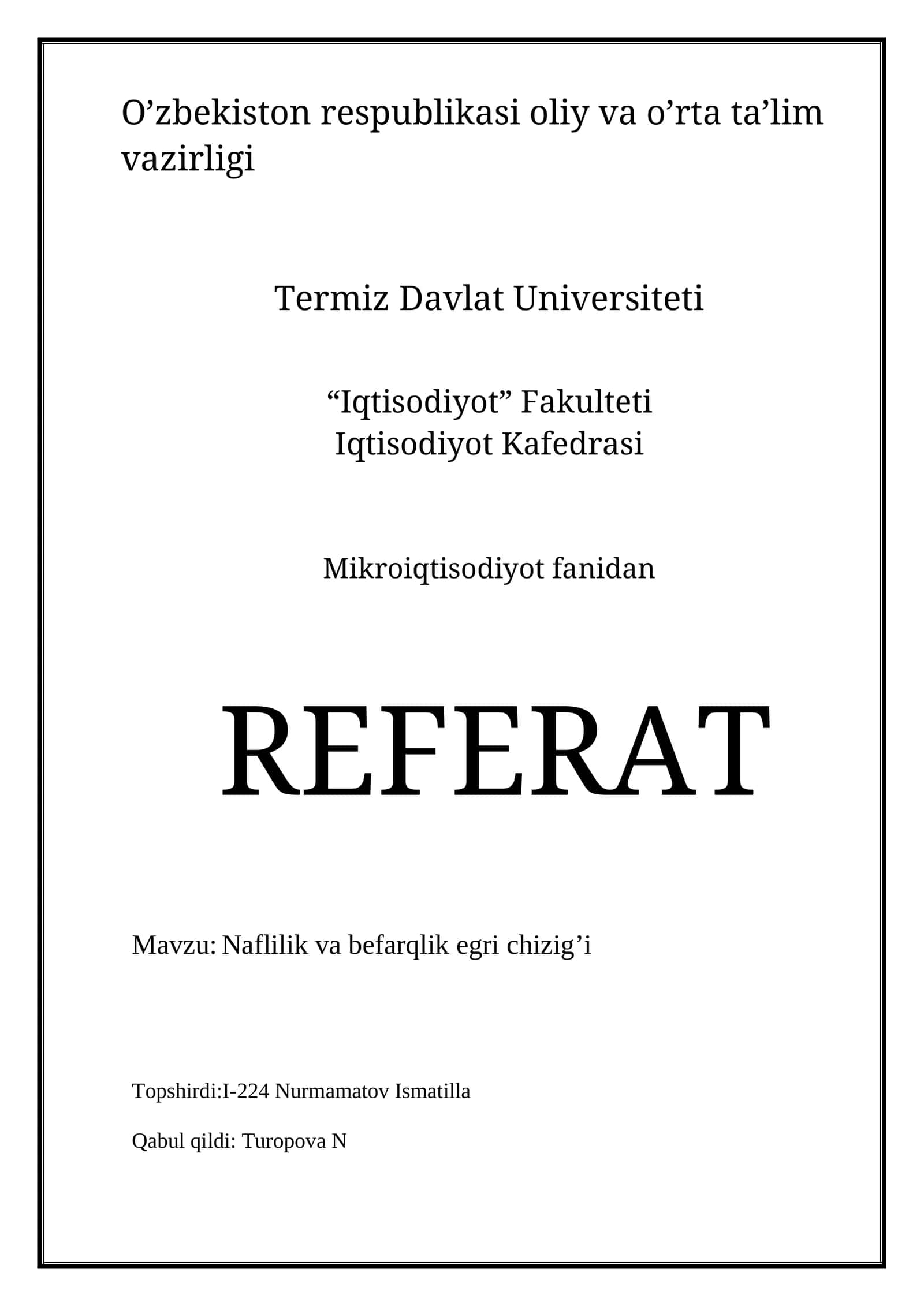 Naflilik va befarqlik egri chizig’i REFERAT