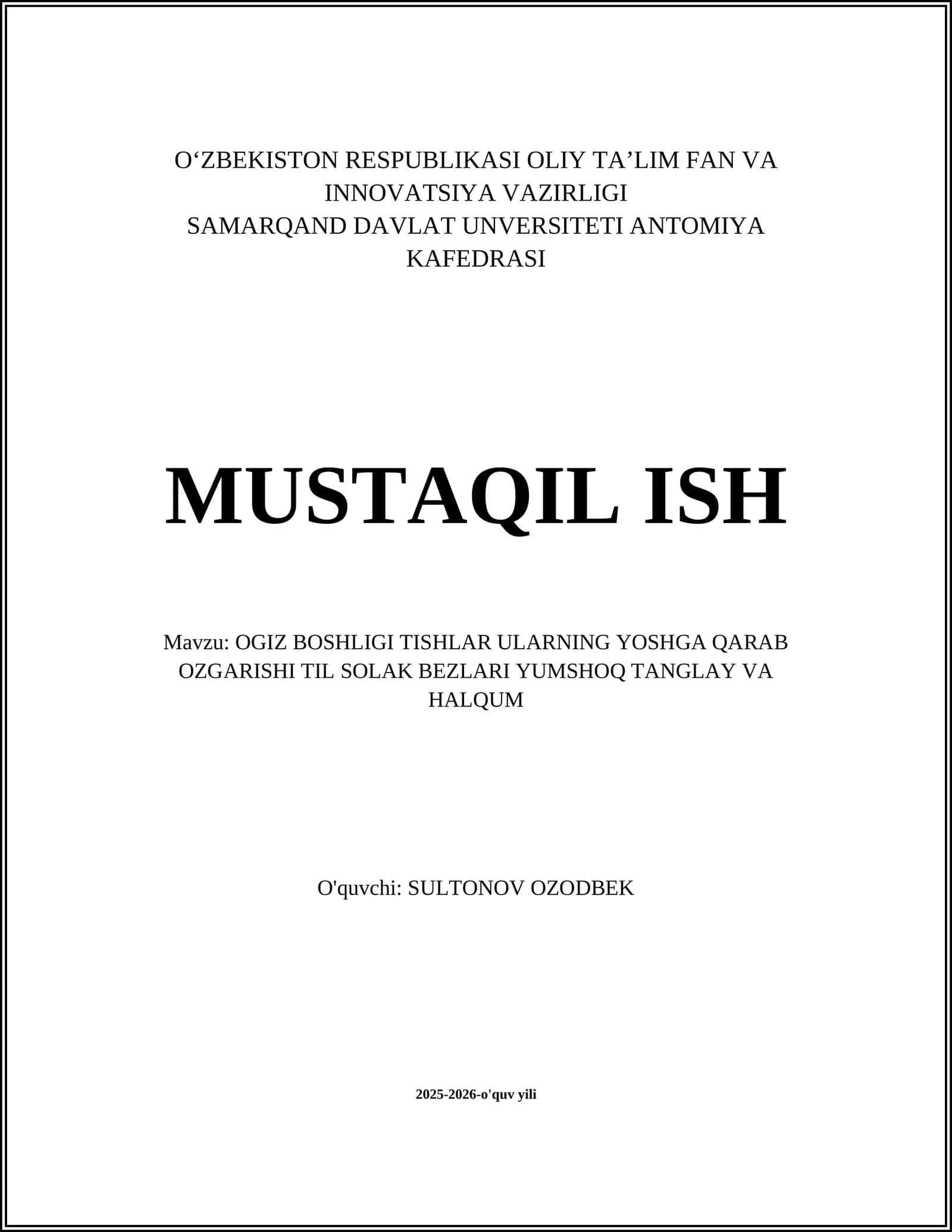 OGIZ BOSHLIGI TISHLAR ULARNING YOSHGA QARAB OZGARISHI TIL SOLAK BEZLARI YUMSHOQ TANGLAY VA HALQUM