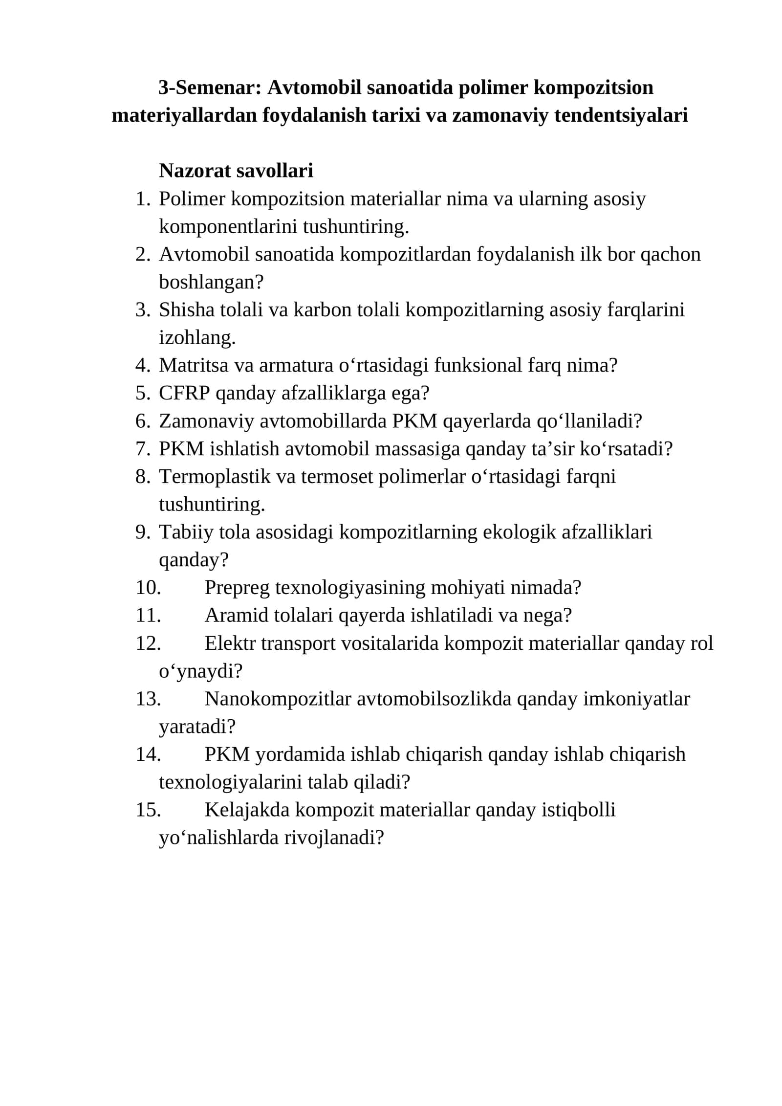 3-Semenar: Avtomobil sanoatida polimer kompozitsion materiyallardan foydalanish tarixi va zamonaviy tendentsiyalari