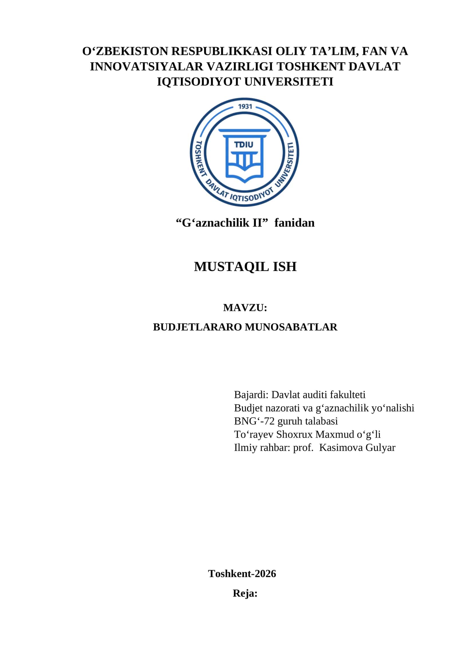 Mustaqil ish-Budjetlararo munosabatlar. G'aznachilik fani