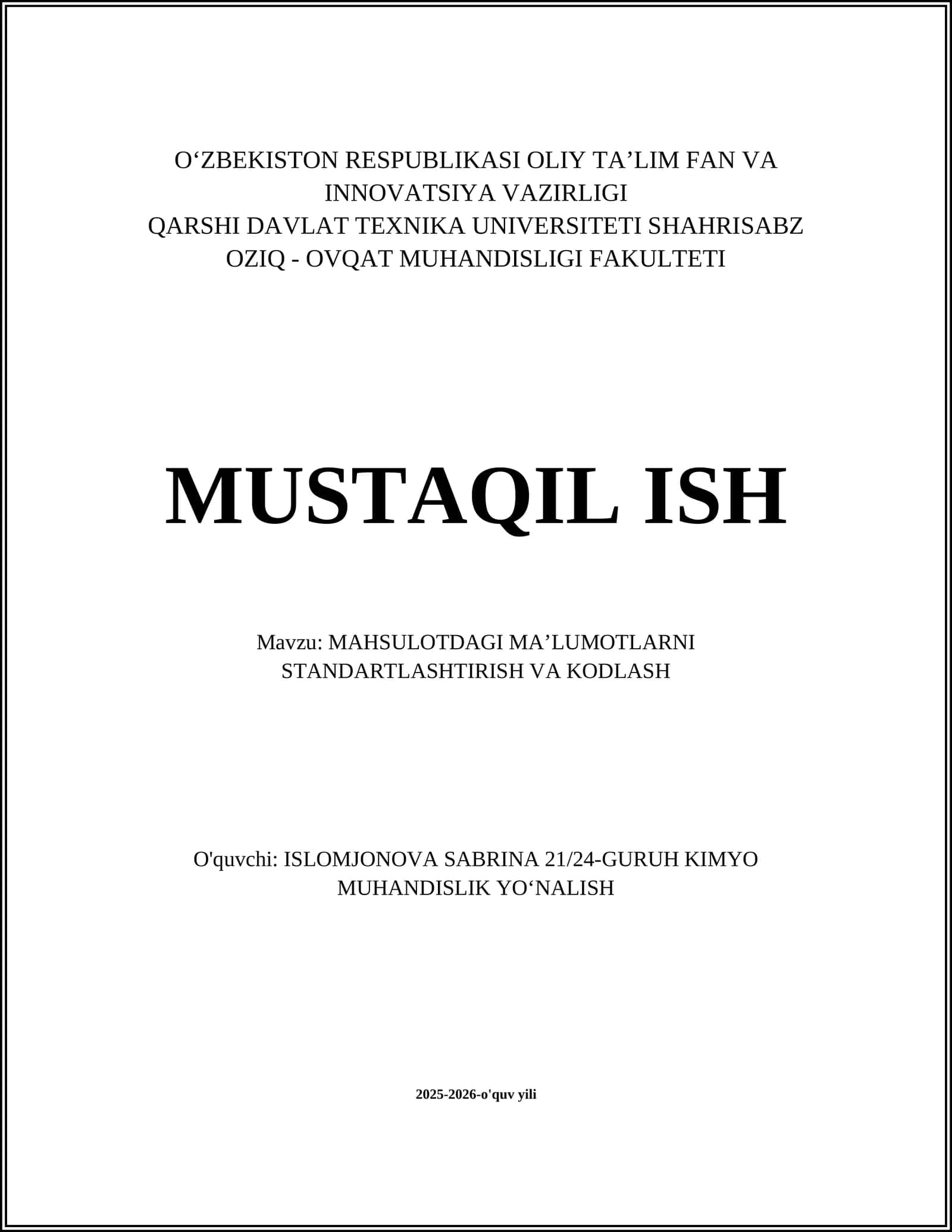 MAHSULOTDAGI MAʼLUMOTLARNI STANDARTLASHTIRISH VA KODLASH